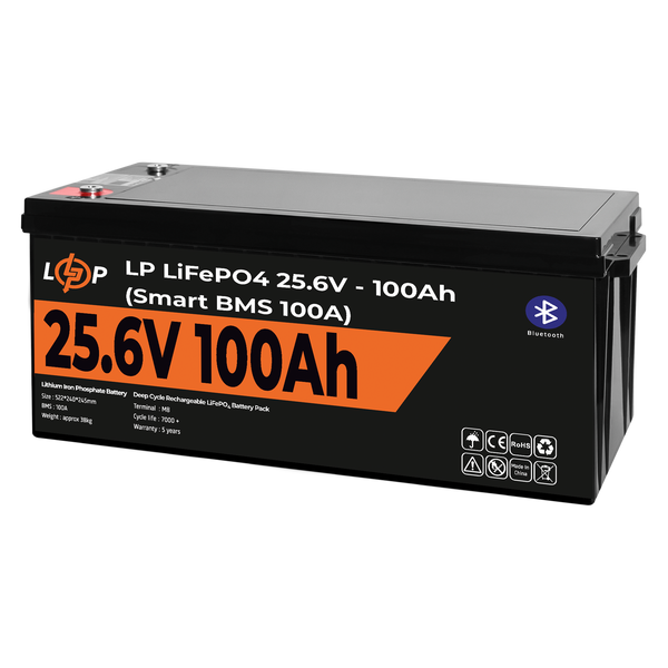 Акумулятор LP LiFePO4 24V (25,6V) - 100 Ah (2560Wh) (Smart BMS 100А) з BT пластик (20200) LP20200 фото