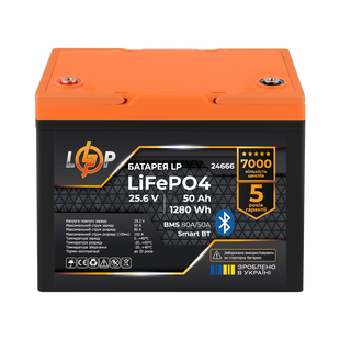 Акумулятор LP LiFePO4 25,6V - 50 Ah (1280Wh) (BMS 80A/50А) пластик Smart BT (24666) LP24666 фото
