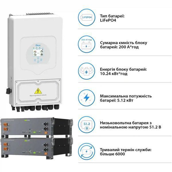 Система зберігання енергії DEYE SV-1DE6K2-LEC10K1-1 6kW 10.2kWh 2BAT LiFePO4 &ge;6000 циклів (SV-1DE6K2-LEC10K1-1) SV-1DE6K2-LEC10K1-1 фото