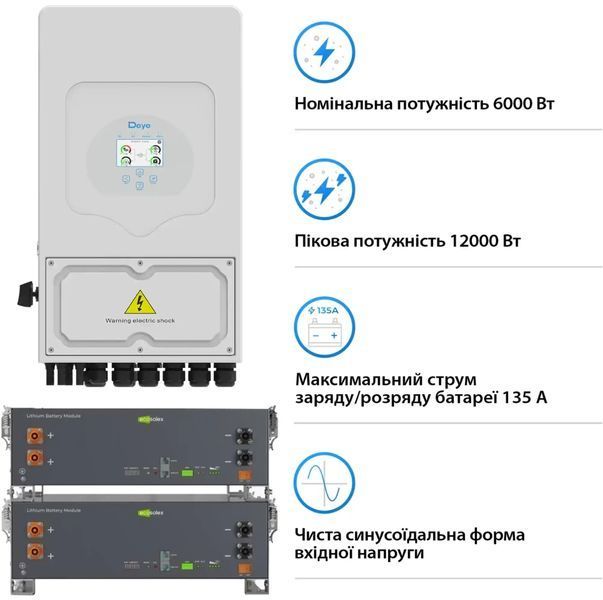Система зберігання енергії DEYE SV-1DE6K2-LEC10K1-1 6kW 10.2kWh 2BAT LiFePO4 &ge;6000 циклів (SV-1DE6K2-LEC10K1-1) SV-1DE6K2-LEC10K1-1 фото