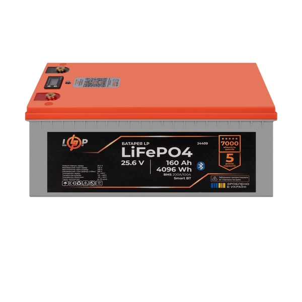 Акумулятор LP LiFePO4 25,6V - 160 Ah (4096Wh) (BMS 200A/100А) пластик LCD Smart BT (24409) LP24409 фото