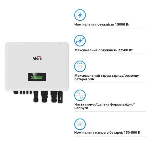 Гібридний інвертор Afore AF15K-TH Aton 15KW HV-battery 2 MPPT Wi-Fi 220/380V Трифазний (AF15K-TH(Aton)) AF15K-TH(Aton) фото